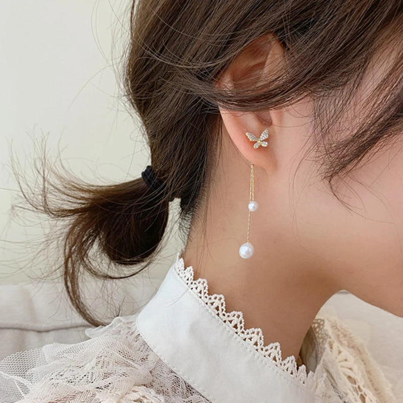 2023 New Double Layer Shiny Zircon Circle Long Gold Color Tassel Chain Earrings for Women Exquisite Elegant Wedding Jewelry