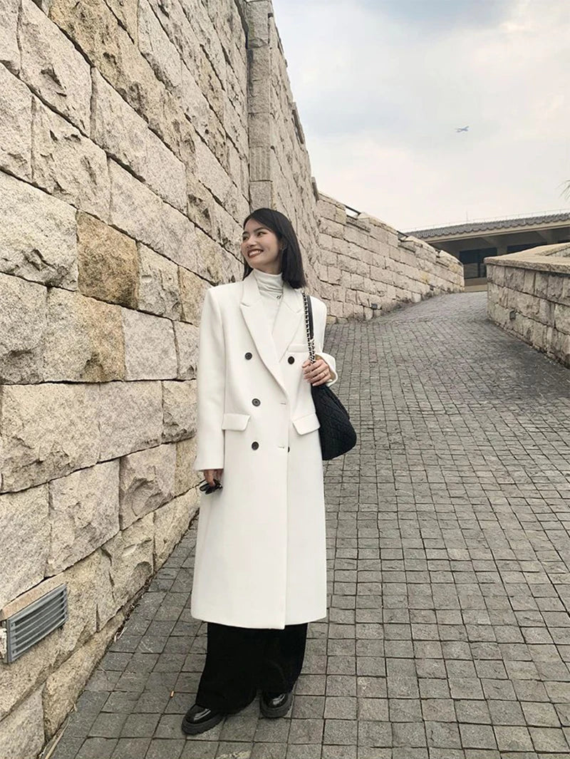 Elegant Long Wool Coats Women Streetwear Quilted Jacket Korean Double Breasted Woolen Overcoat Winter Oversized Thick Outwear