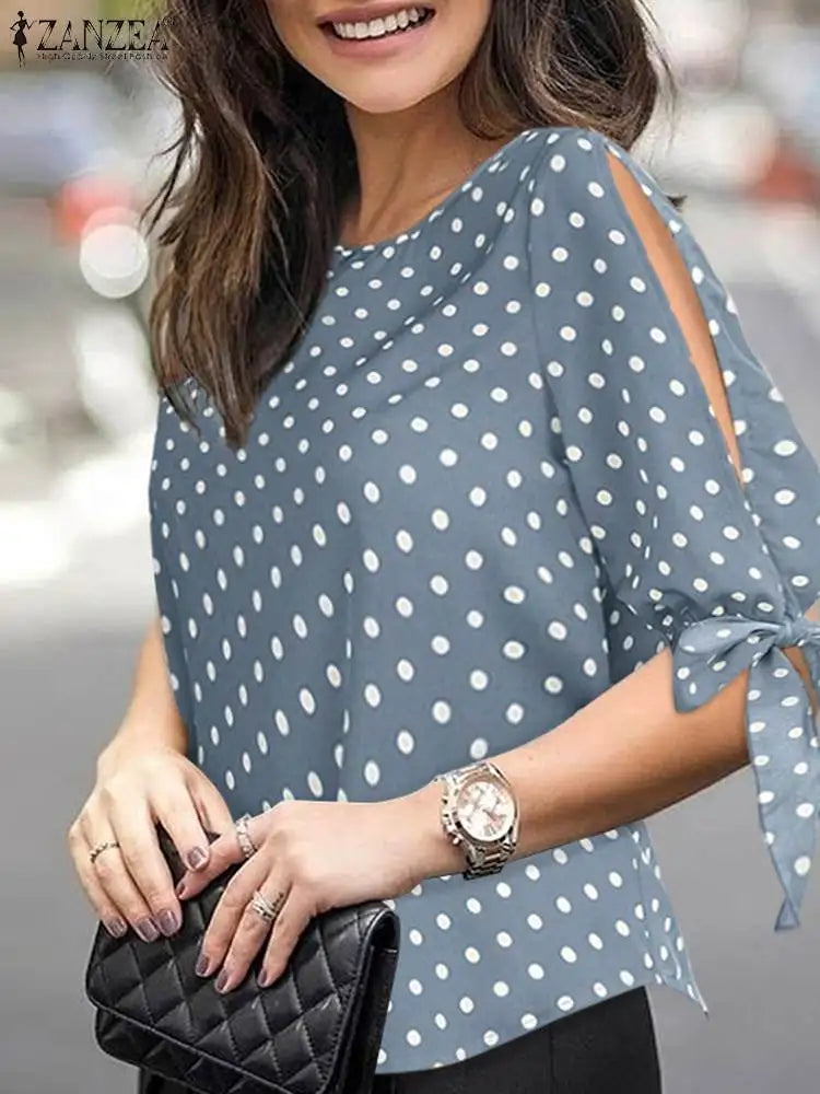 ZANZEA Woman Casual Polka Dots Printed Blouse Fashion Holiday Shirt Half Sleeve O-Neck Tunic Tops Elegant Party Chemise Oversize