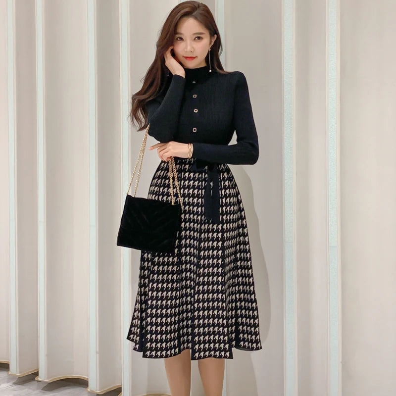 Korean Elegant Knitted Plaid Patchwork Midi Dress for Women Long Sleeve O-neck Bird Lattice Bow Pleated Dress Autumn Winter 2023