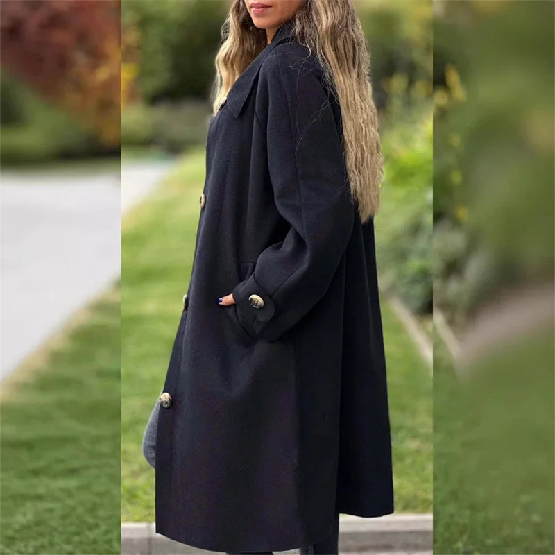 Autumn Winter Single-breasted Cardigan Tweed Jacket Women Large Lapel Double Pockets Long Outerwear Female Casual Commuter Coat