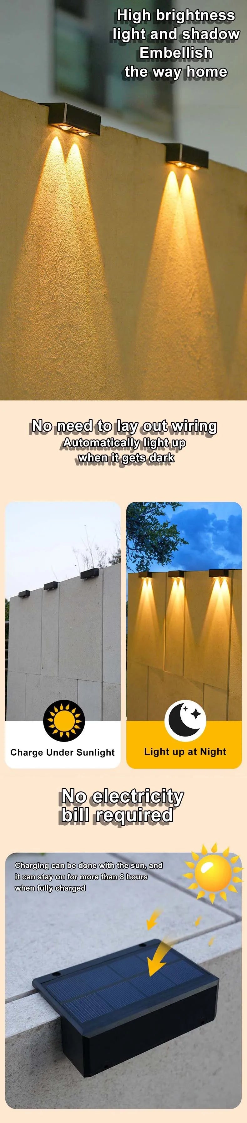 1/2/4/6/8 piezas de luces solares de pared para exteriores, focos inalámbricos ultra fuertes, IP65, impermeables, para vallas, iluminación de escaleras de jardín