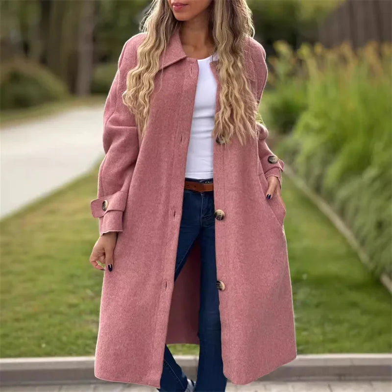 Autumn Winter Single-breasted Cardigan Tweed Jacket Women Large Lapel Double Pockets Long Outerwear Female Casual Commuter Coat