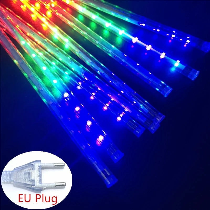 Luces navideñas de lluvia de meteoritos para exteriores, 10 tubos, 192 luces LED colgantes para jardín, árbol, fiesta, decoración, lámpara