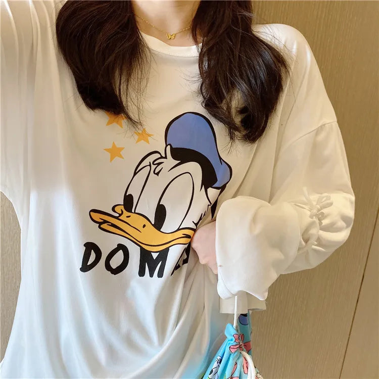 Disney Donald Duck new women's pajamas autumn cotton long-sleeved trousers two-piece set silk pajamas women's loungewear set