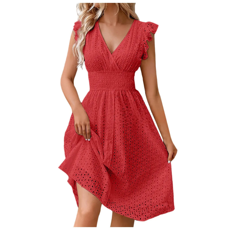 Vestido de mujer de encaje jacquard ahuecado ajustado cuello en V cintura elástica midi vestido blanco nuevo vestidos de longitud media para uso diario coreano