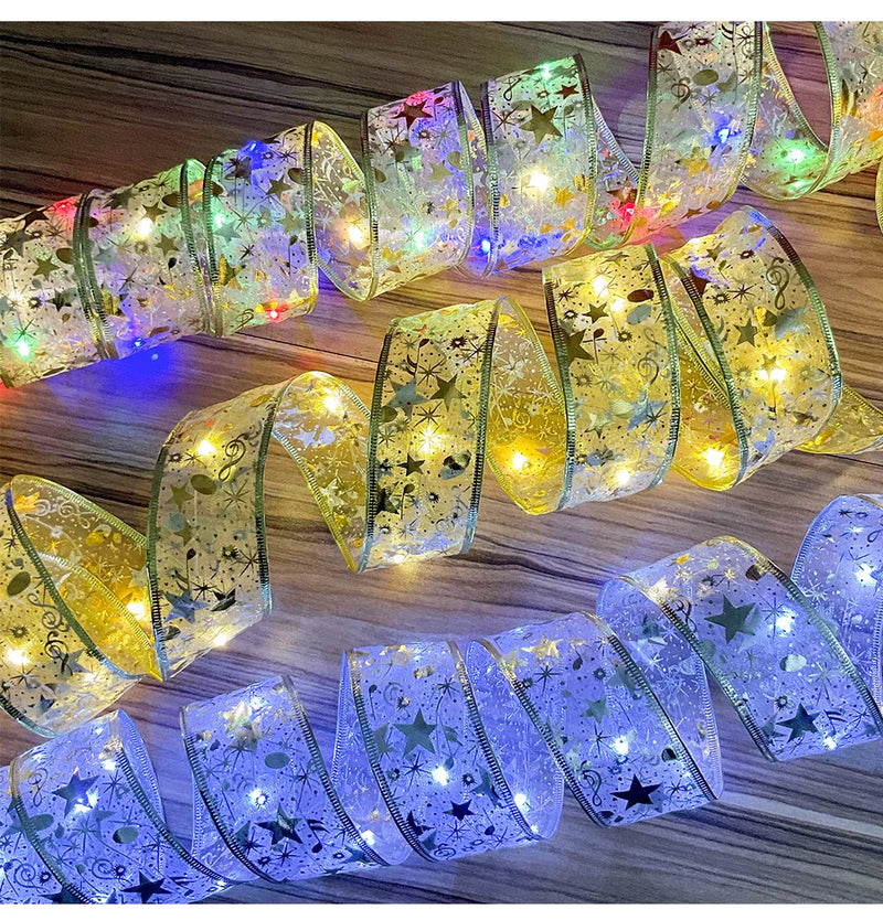 Christmas Decoration LED Ribbon Lights Christmas Tree Ornaments DIY Lace Bows String Lights Navidad Home Decors New Year 2023