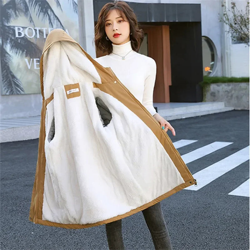 Winter Mid-length Hooded Fleece Lined Coat Women Warm Parka Thicken Outwear Casual Loose Jackets Trenchcoat Snowwear Windbreaker