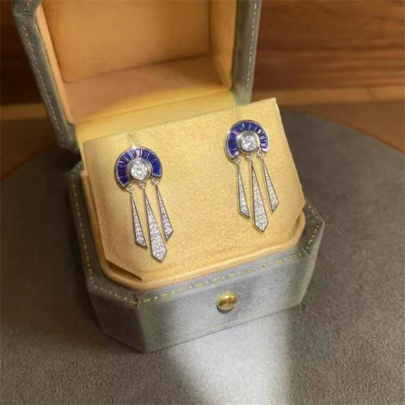 Elegant Vintage Women's Lab Sapphire Semicircle Tassels Zircon Drop Earrings 925 Silver Brilliant Anniversary Prom Fine Jewelry