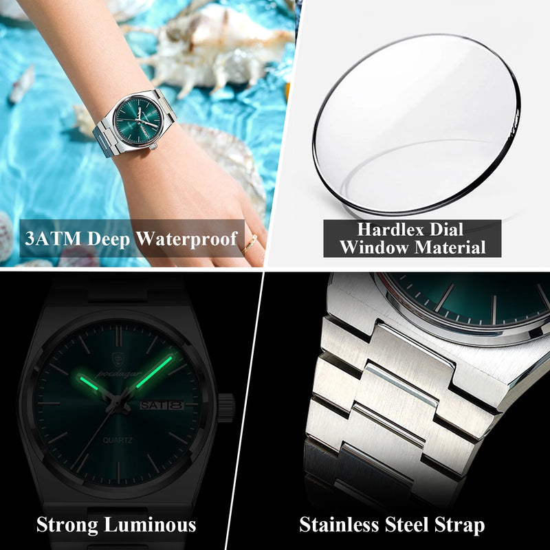 POEDAGAR Reloj de lujo para mujer, elegante reloj de cuarzo para mujer, resistente al agua, luminoso, con fecha y semana, de acero inoxidable, para mujer