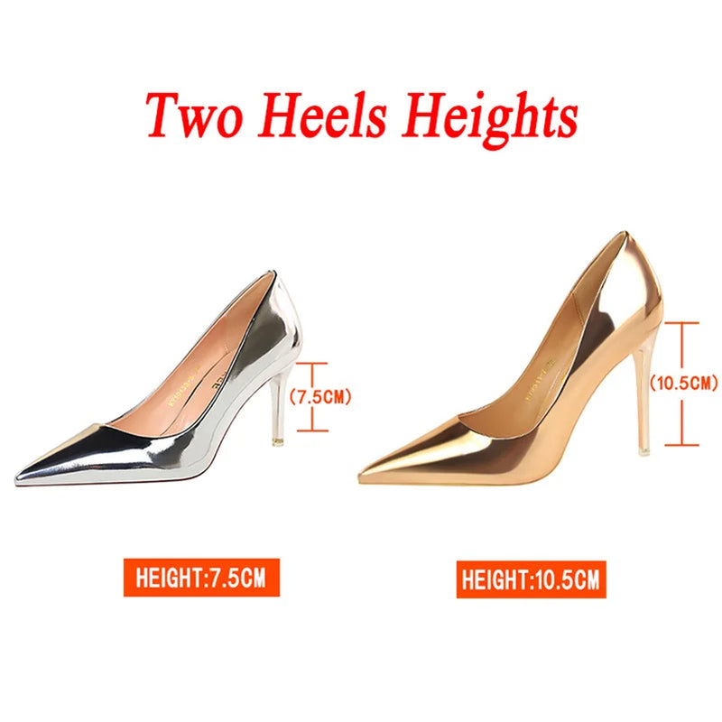 Women Metallic Leather Pumps 7.5cm 10.5cm High Heels Lady Stiletto Low Heels Wedding Bridal Silver Gold Sparkly Quality Shoes