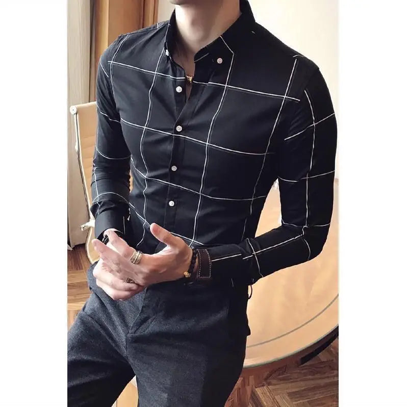 Summer Loose Casual Handsome Retro Korean Style Elegant Fashion Men's Shirt Button Plaid Splicing Lapels Long Sleeve Chic Tops