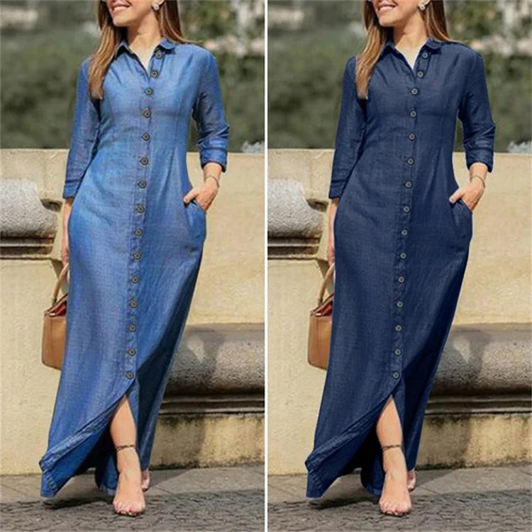 2023 Otoño Elegante Vestido De Mezclilla Para Mujer Camisa De Botones De Manga Larga Vestido Largo Moda Femenina Nueva Ropa Elegante Casual Para Damas