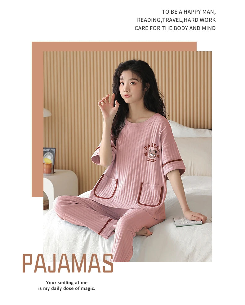 Conjuntos de pijamas de talla grande 5XL, pijamas de punto de oso de dibujos animados de manga corta, pijamas a cuadros, pijamas elegantes para mujer, pijamas para estar en casa, pijamas para mujer