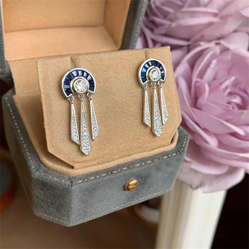 Elegant Vintage Women's Lab Sapphire Semicircle Tassels Zircon Drop Earrings 925 Silver Brilliant Anniversary Prom Fine Jewelry