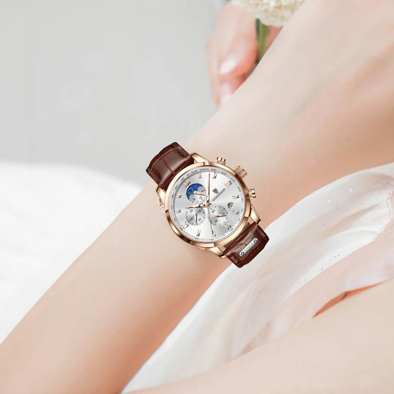 LIGE Reloj de lujo de moda para mujer, correa de cuero, resistente al agua, deportivo, informal, reloj de pulsera de cuarzo, reloj de fase lunar de 24 horas para mujer