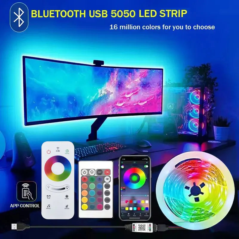 Tira de luces LED RGB de 1 a 30 m con Bluetooth 5050, 5 V, control por aplicación USB, cinta de luces LED flexible para juegos, dormitorio y fiestas