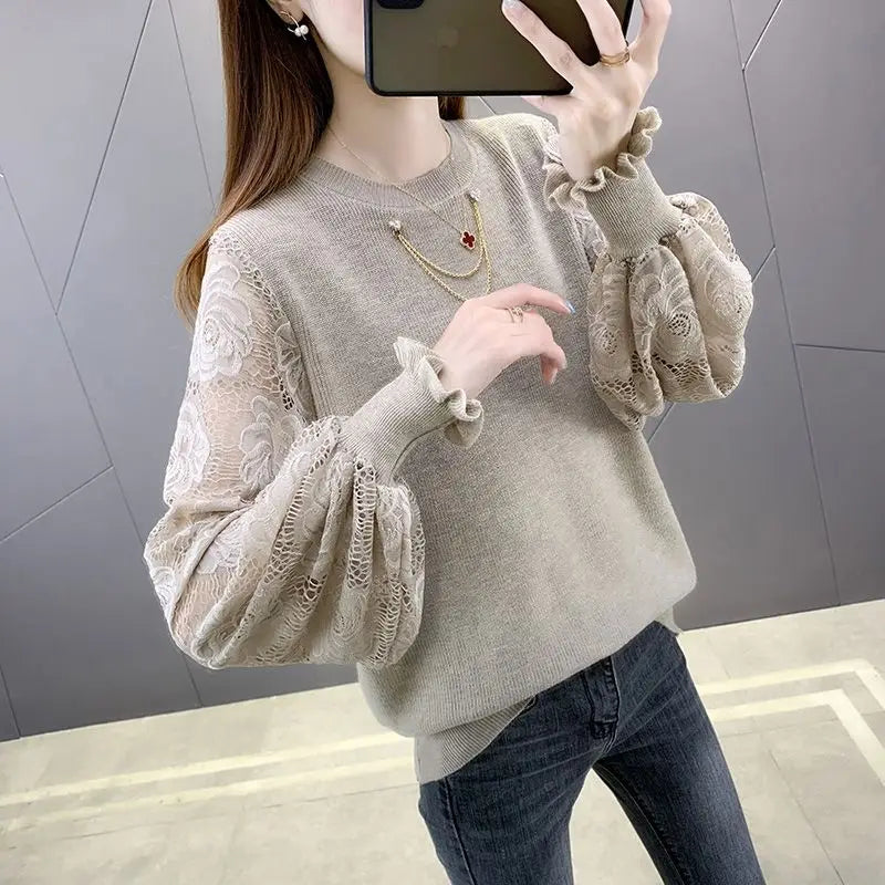 2023 New Spring and Autumn Round Neck Pullover Hollow Out Sweater Women's Knitted Loose Lace Fashion Casual Top Chain Trend