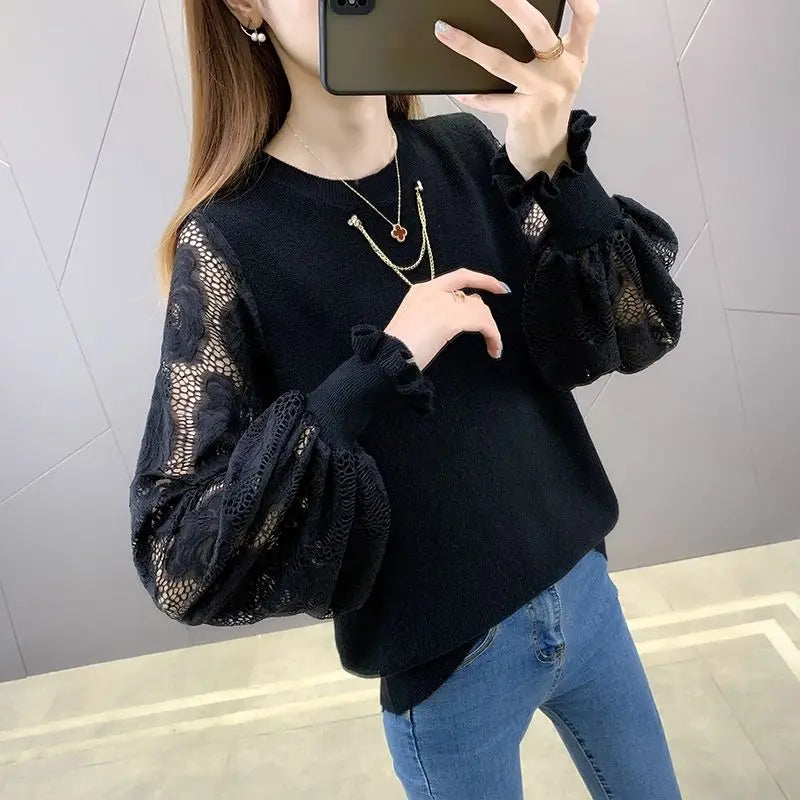 2023 New Spring and Autumn Round Neck Pullover Hollow Out Sweater Women's Knitted Loose Lace Fashion Casual Top Chain Trend