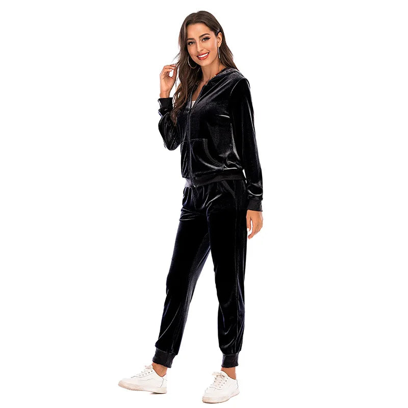 Velour Tracksuit Womens 2 Piece Sweatshirt & Sweatpants Set Full Zip Hoodie Sweatsuit with Pockets Casual Sportswear Autumn