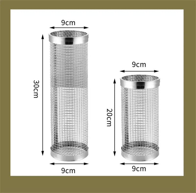 Cesta para barbacoa de acero inoxidable con ruedas, cesta cilíndrica de malla de alambre, cesta para parrilla portátil y redonda para acampar al aire libre