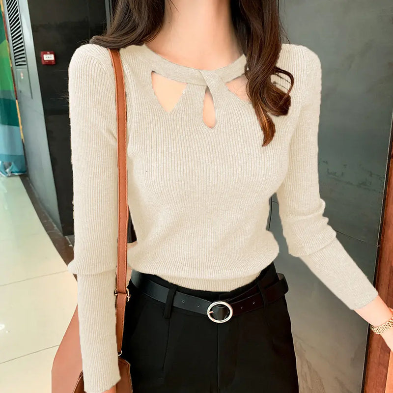 New Autumn and Winter Women's Slim  Stretch Sexy Pullover Hollow Solid Color Sweater Slim Bottoming Shirt  Sweater Ladies