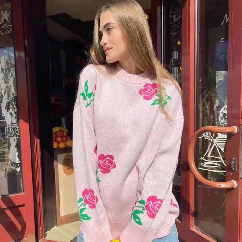 Women Elegant Flower Printed Knitted Jumper Top Chic Round Neck Long Sleeves Loose Pullovers Autumn Lady Fashion Streetwear 2024