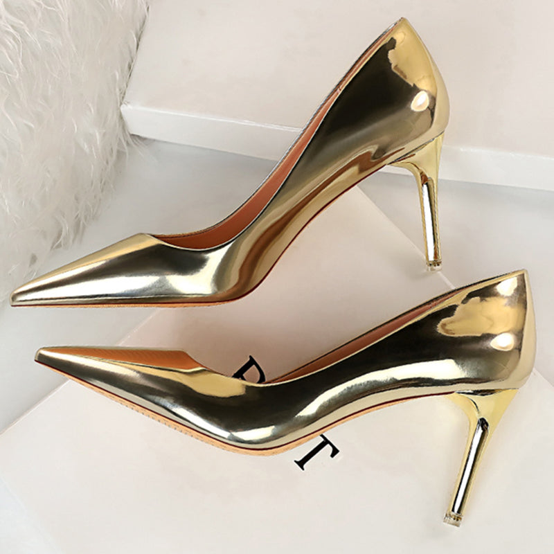 Women Metallic Leather Pumps 7.5cm 10.5cm High Heels Lady Stiletto Low Heels Wedding Bridal Silver Gold Sparkly Quality Shoes