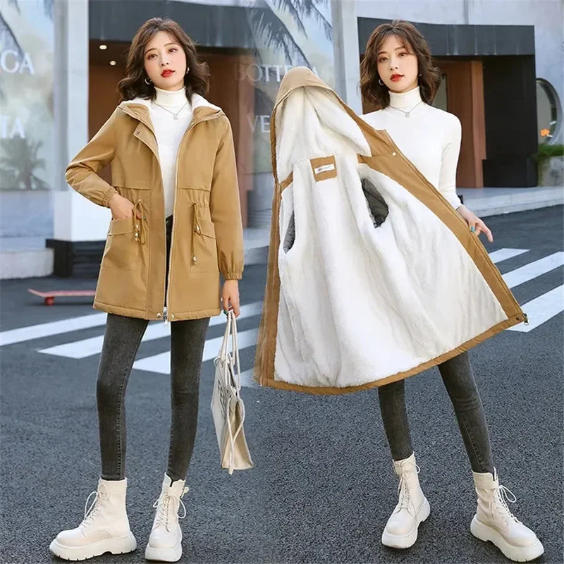 Winter Mid-length Hooded Fleece Lined Coat Women Warm Parka Thicken Outwear Casual Loose Jackets Trenchcoat Snowwear Windbreaker