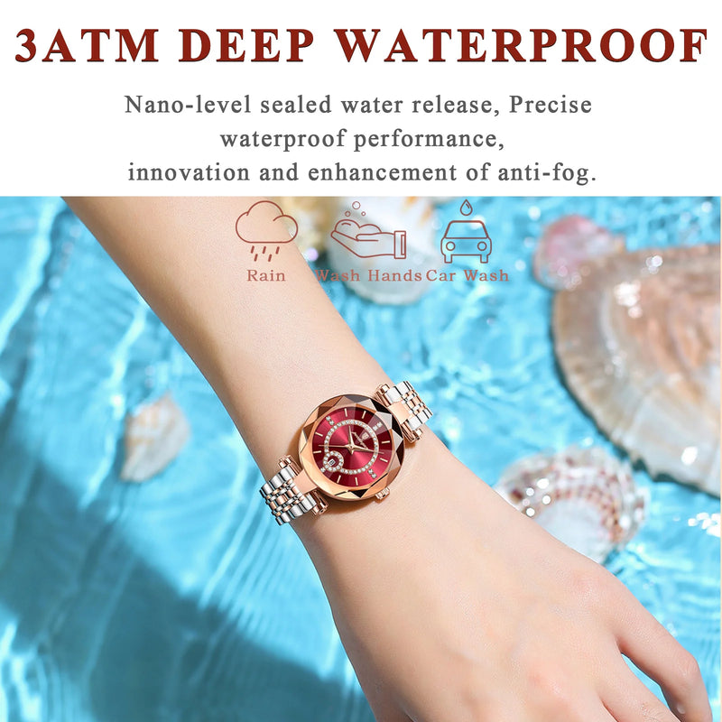 POEDAGAR Reloj de lujo para mujer Reloj de cuarzo de alta calidad con diamantes para mujer Reloj de acero inoxidable resistente al agua con fecha Reloj + caja