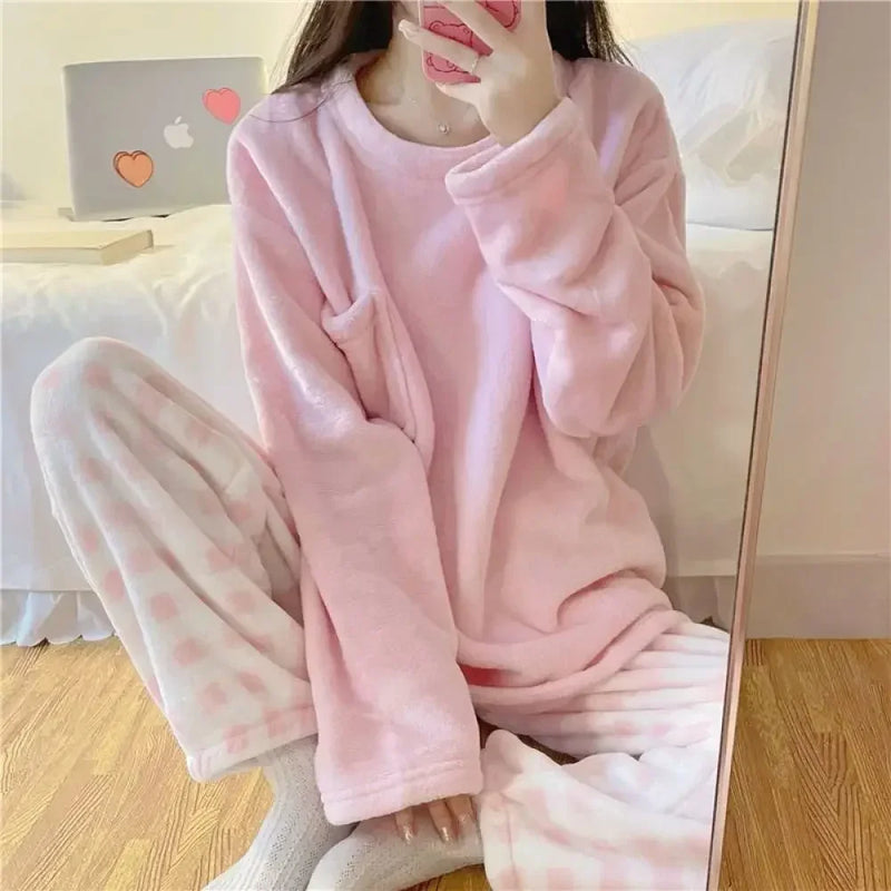 Conjunto de pijama de polar grueso y cálido para mujer, ropa de dormir de invierno, top liso informal y pantalones a cuadros, conjunto de pijama suave para mujer, traje de casa