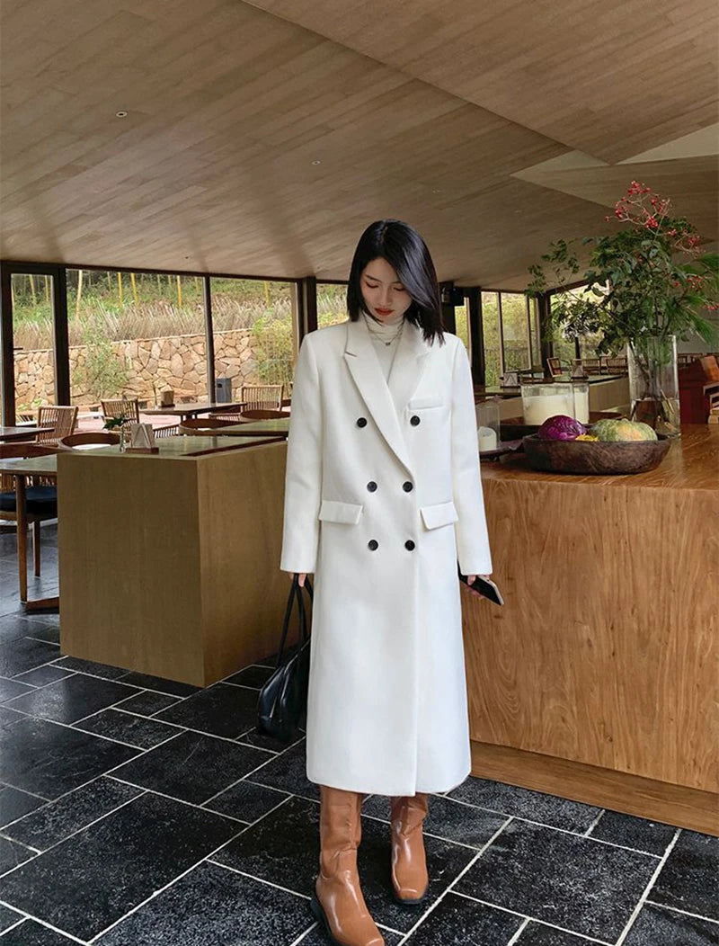 Elegant Long Wool Coats Women Streetwear Quilted Jacket Korean Double Breasted Woolen Overcoat Winter Oversized Thick Outwear