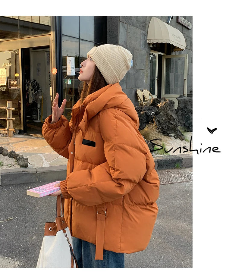 Solid Color Down Jacket Women Hooded Coat Stand Collar Fashion American Streetwear Duck Down Feather Female Winter Short Outwear