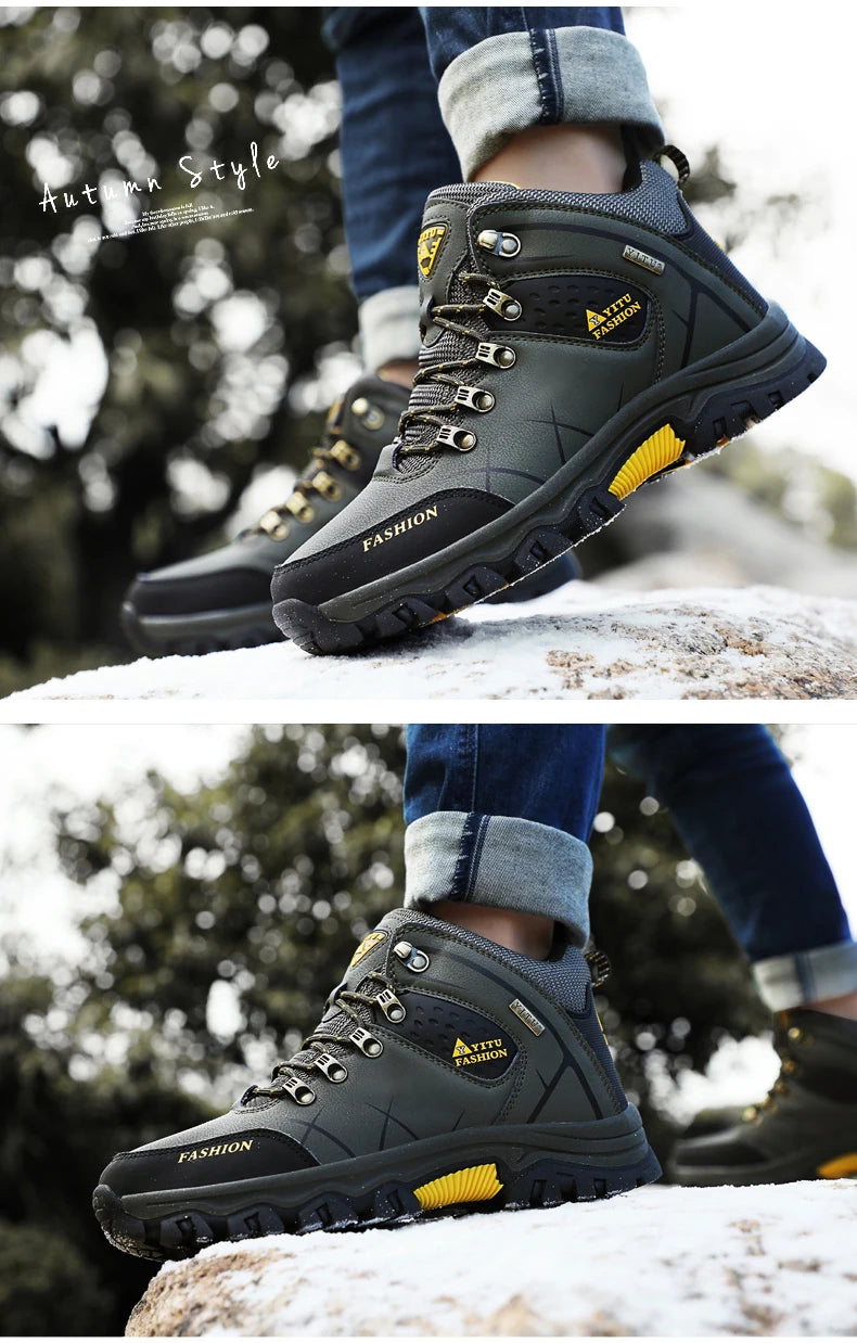 Botas de nieve de invierno para hombre, zapatillas de cuero impermeables, botas muy cálidas para hombre, botas de senderismo para exteriores, zapatos de trabajo, talla 39-47