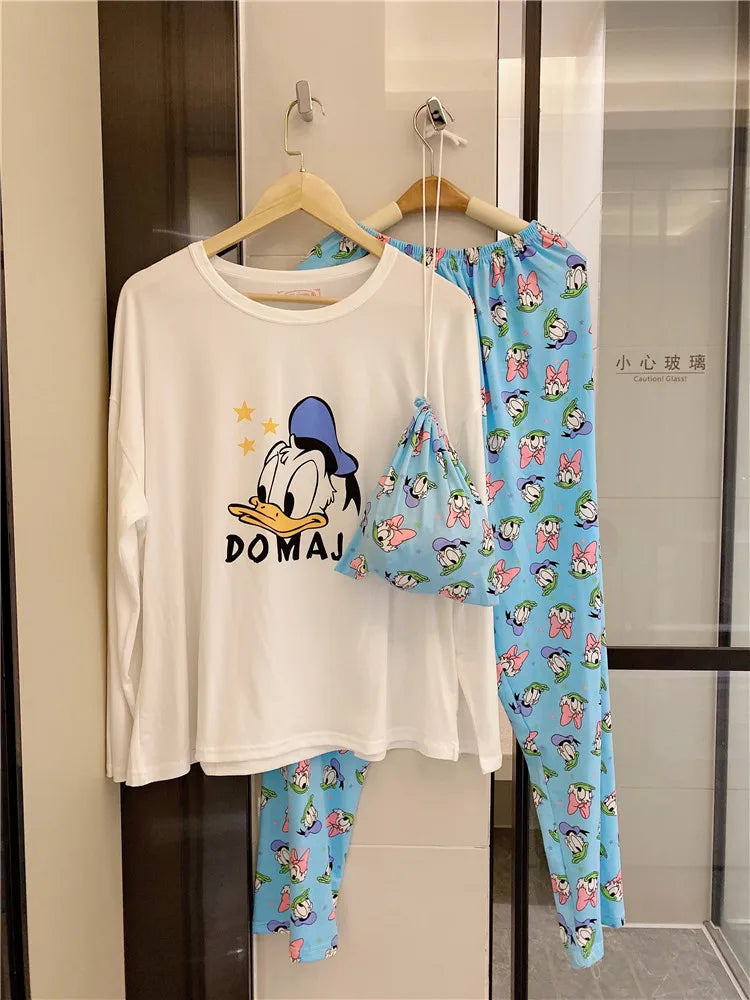 Disney Donald Duck new women's pajamas autumn cotton long-sleeved trousers two-piece set silk pajamas women's loungewear set