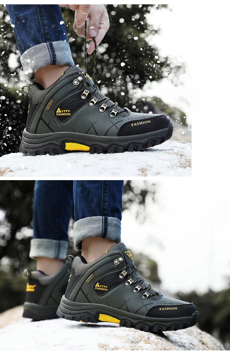 Botas de nieve de invierno para hombre, zapatillas de cuero impermeables, botas muy cálidas para hombre, botas de senderismo para exteriores, zapatos de trabajo, talla 39-47