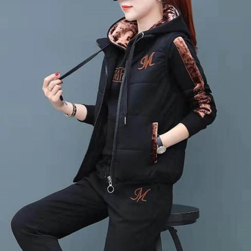 Fashion Warm Three Piece Set Women Outfit 2023 Fall Winter Thicken Tracksuit Casual Waistcoat Hoodies Pant Female Sweat Suit