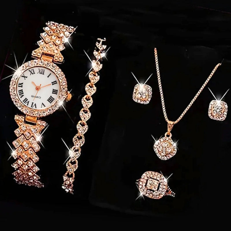 Juego de 5 piezas de relojes para mujer, anillo, collar, pendientes, diamantes de imitación, reloj de pulsera de moda para mujer, relojes casuales para mujer, conjunto de pulsera, reloj