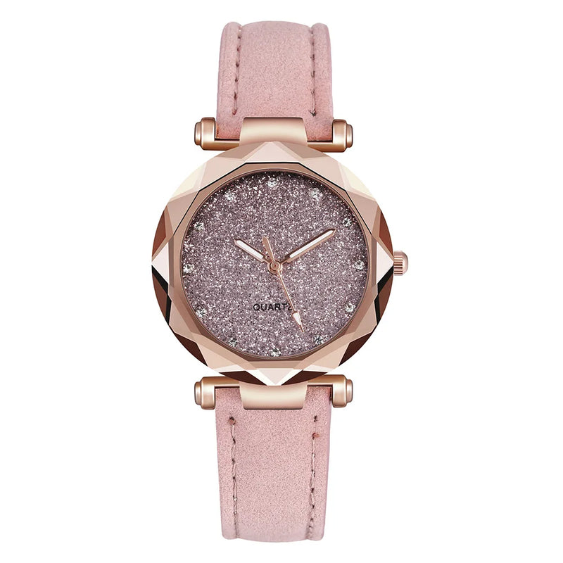 Reloj de pulsera de cuarzo negro vintage con correa esmerilada y esfera redonda con diamantes de imitación, color plata, rosa y cielo estrellado para mujer