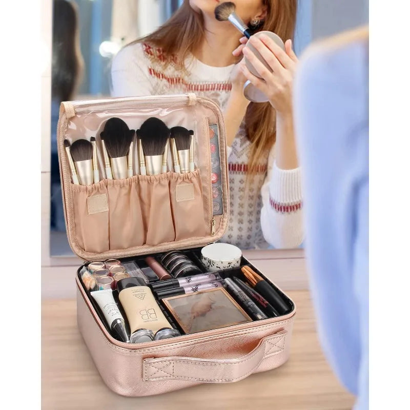 Estuche de viaje para maquillaje, organizador de cosméticos y maquillaje, bolsa de almacenamiento portátil para artistas con divisores ajustables