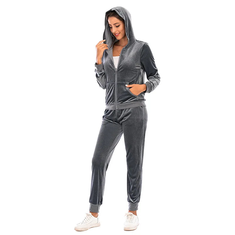 Velour Tracksuit Womens 2 Piece Sweatshirt & Sweatpants Set Full Zip Hoodie Sweatsuit with Pockets Casual Sportswear Autumn