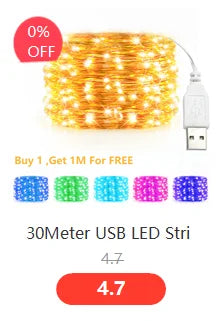 Guirnalda de luces LED de 30 metros y 98 pies con cable de cobre y alimentación por USB para decoración navideña, para bodas, fiestas y Año Nuevo