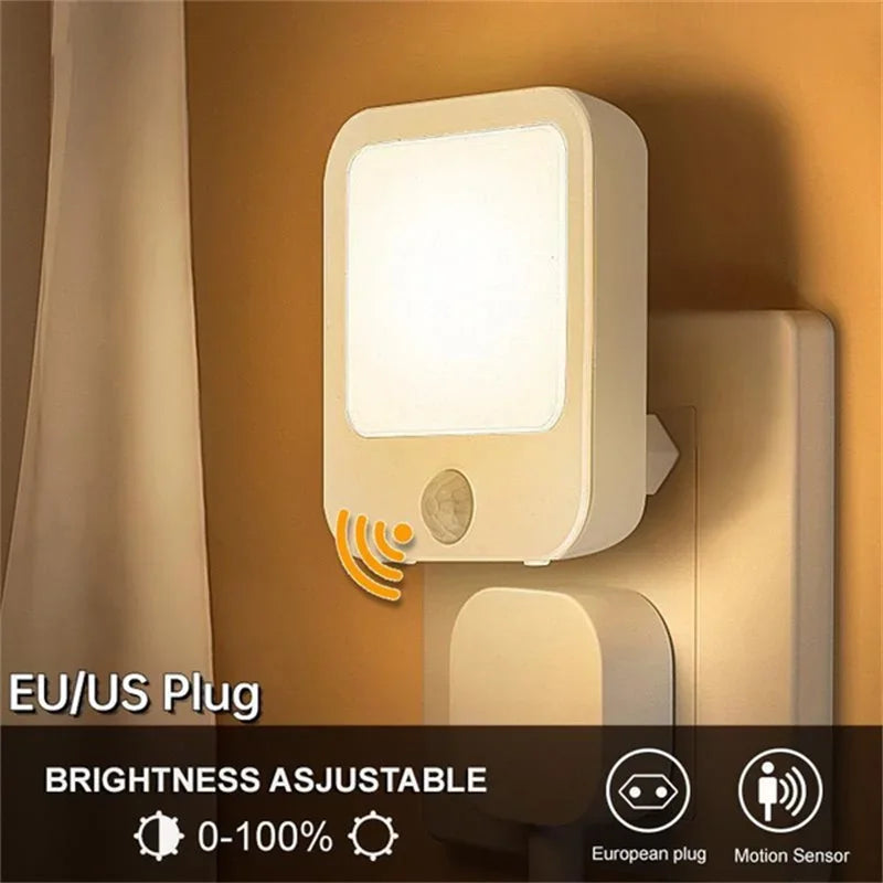 Luces LED nocturnas con sensor de movimiento, enchufe europeo, luz regulable para armario, mesita de noche de bebé, dormitorio, pasillo, lámpara de noche inalámbrica