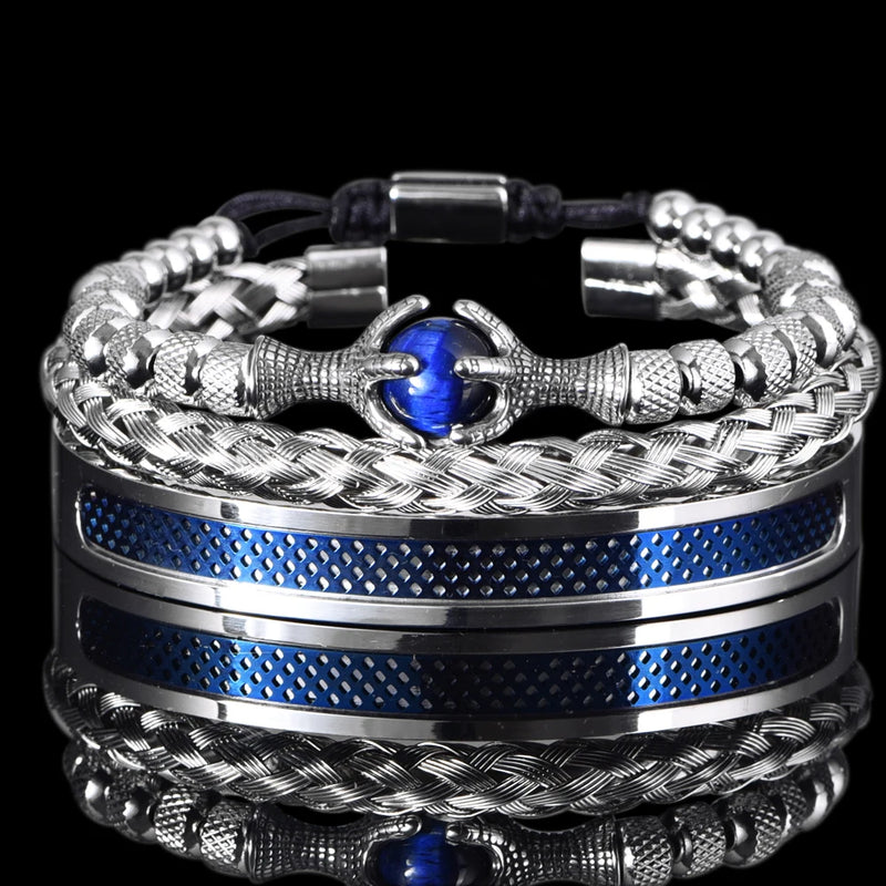 Conjunto de lujo de pulseras para hombre, de acero inoxidable, hechas a mano, con cuerda, pulseras de águila para hombre con piedra natural de ojo de tigre, accesorios de regalo