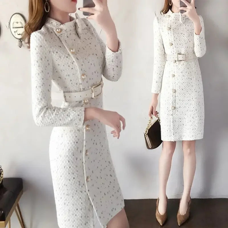 Women Autumn Winter Korean New O-Neck Woolen Dress Fashion Button Bow Long Dress Casual Waist Closing Long Sleeve A-line Dress