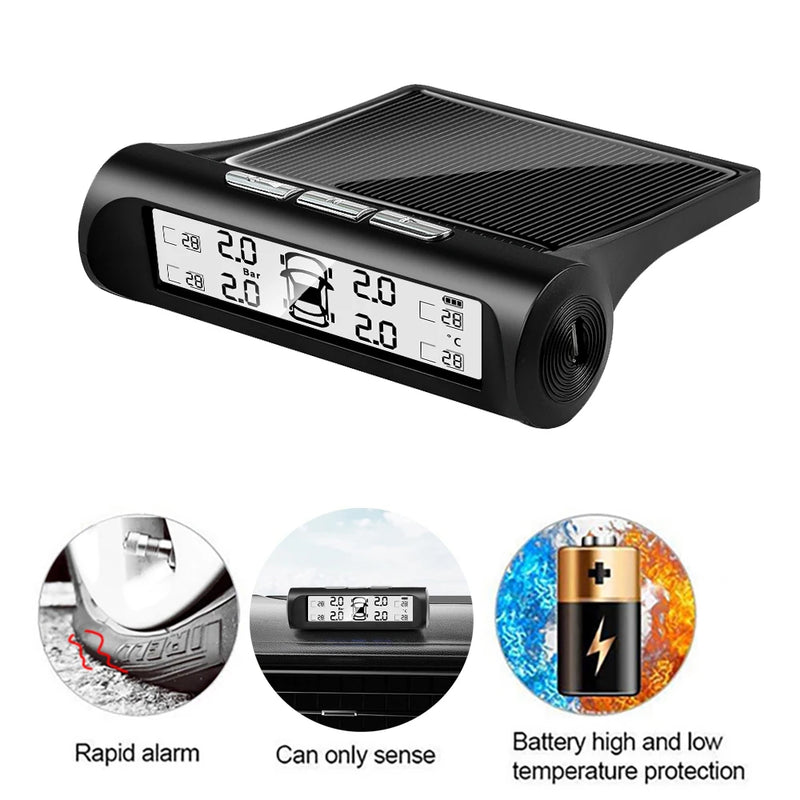 Solar Power Car Tire Pressure Alarm Digital Display Auto Smart TPMS Tyre Pressure Monitor System Temperature Warning Sensor