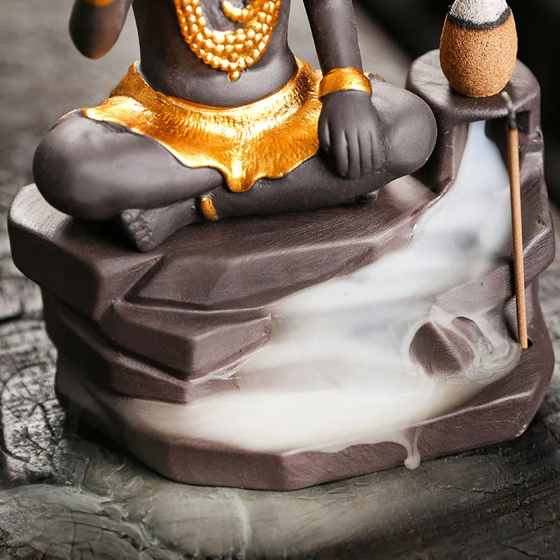 Adornos de Buda Shiva para decoración del hogar Quemador de incienso de reflujo Soporte de varilla de incienso de arcilla morada hecho a mano