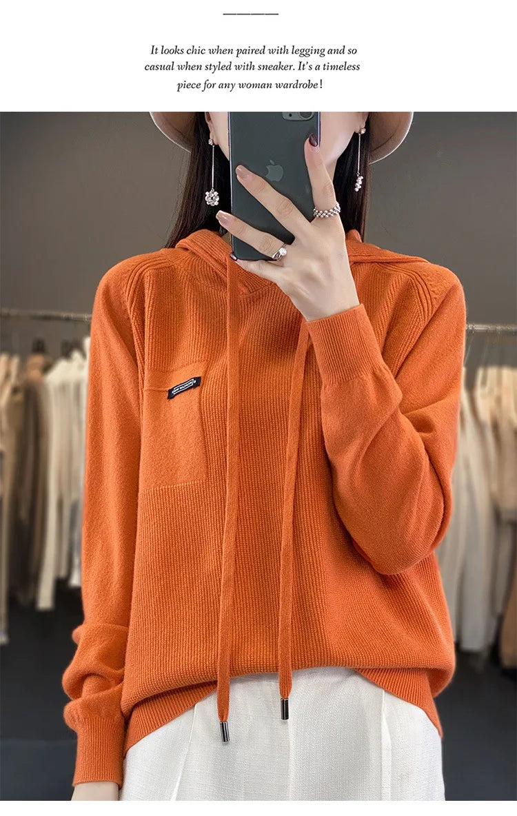 Autumn Winter Women Sweater 2024 Long Sleeve Hooded Pullovers Fashion Korean Knit Hoodie Sweaters Casual Warm Bottoming Jumper