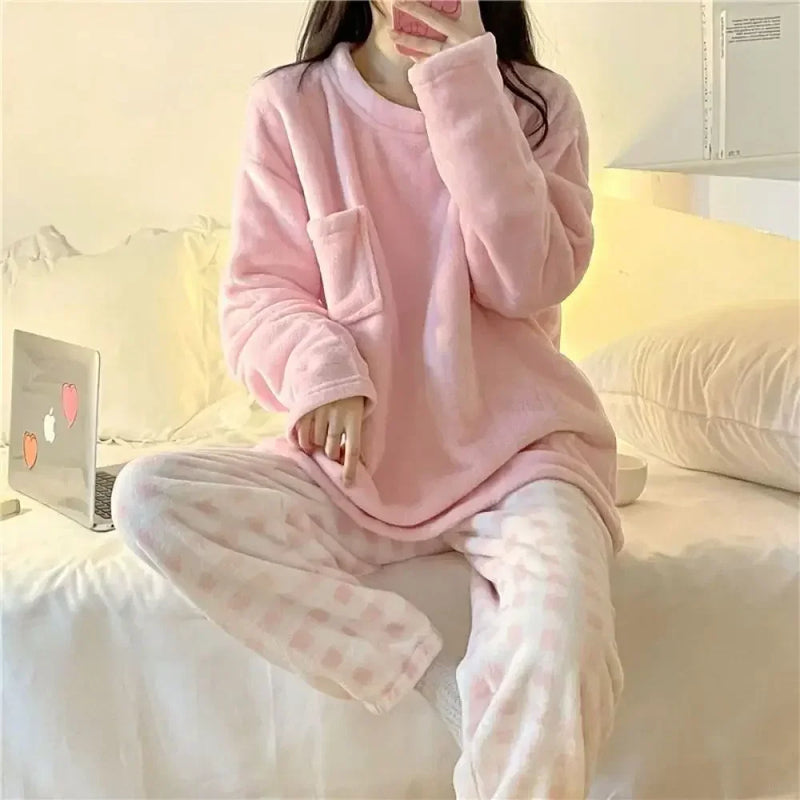 Conjunto de pijama de polar grueso y cálido para mujer, ropa de dormir de invierno, top liso informal y pantalones a cuadros, conjunto de pijama suave para mujer, traje de casa