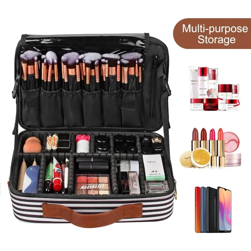 Estuche de viaje para maquillaje, organizador de cosméticos y maquillaje, bolsa de almacenamiento portátil para artistas con divisores ajustables